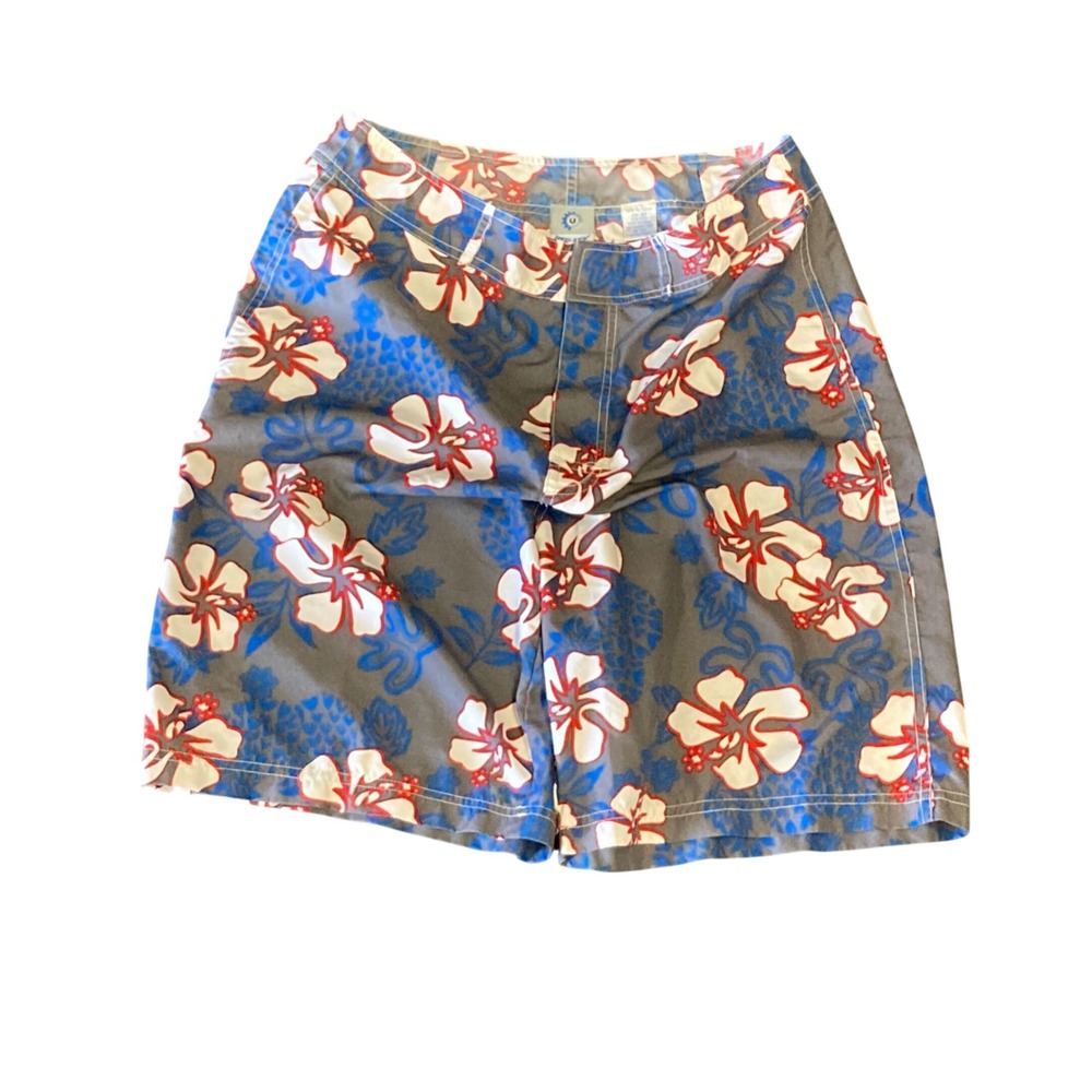 Utility Mens Board Shorts Size 32 Grey Red Blue Tropical Hibiscus Floral Trunks